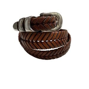 Mezlan Cognac Brown Woven Leather Belt Size 32 Made in Spain Silver Buckle Tip